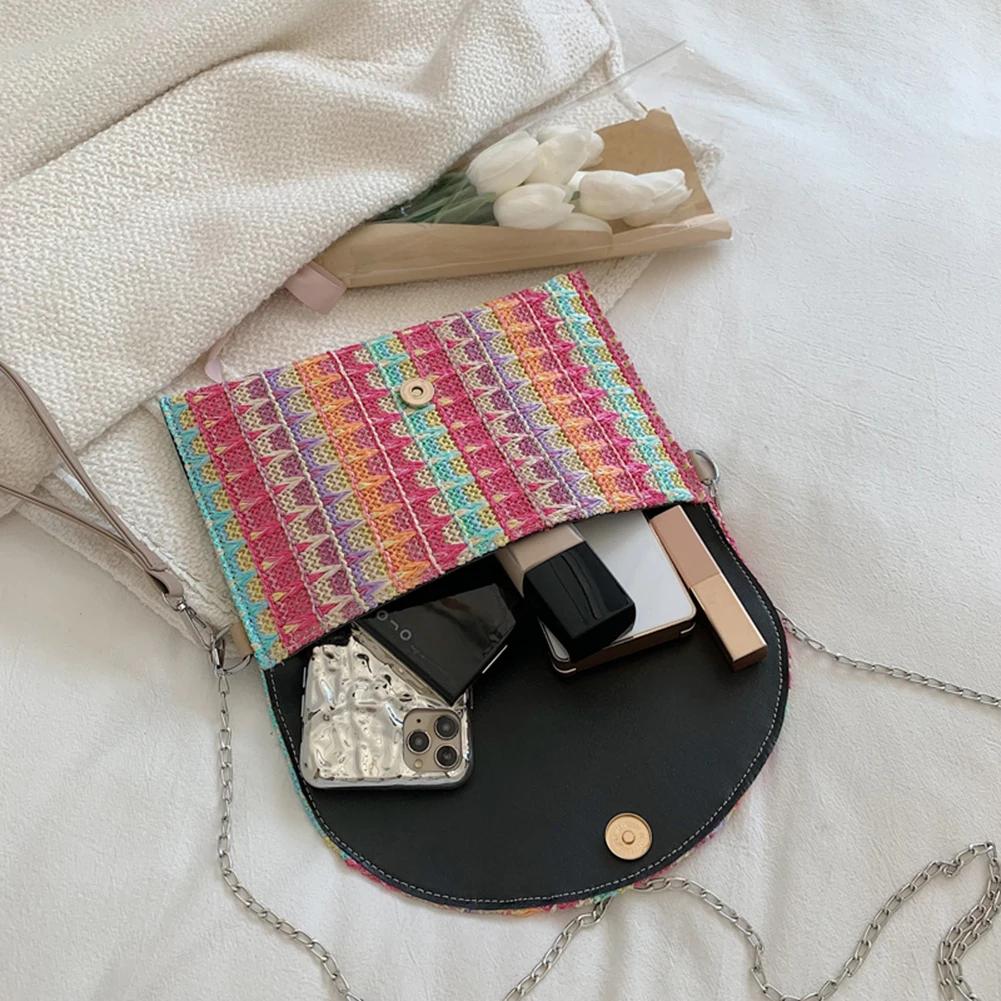 2025 Summer Straw Clutch Purse Bohemian Colorful Striped Wristlet Bag Hand-Woven Chic Hobo Bag Women's Retro Chain Crossbody Bag