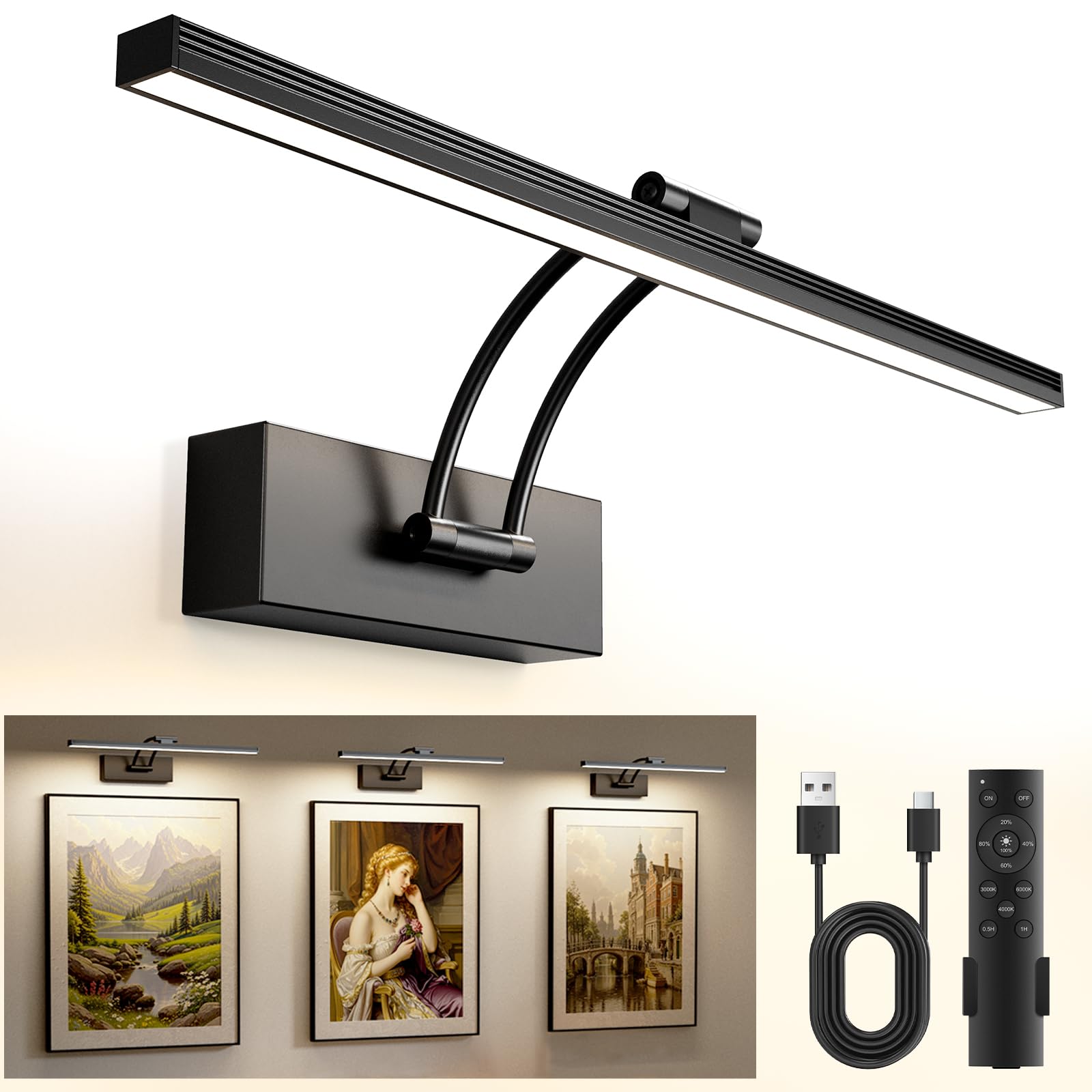 

YITGOG Wall-Mounted Rechargeable Picture Light, Wireless Wall Light with Remote Control, Magnetic Picture Light (Dimmable, 3 Colors Available),