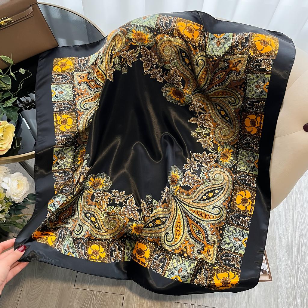 90*90Cm Women'S Square Silk Satin Scarf Flower Printed Shawls Hijab Four Seasons Bandanna Scarves Accessories Hairband Scarf