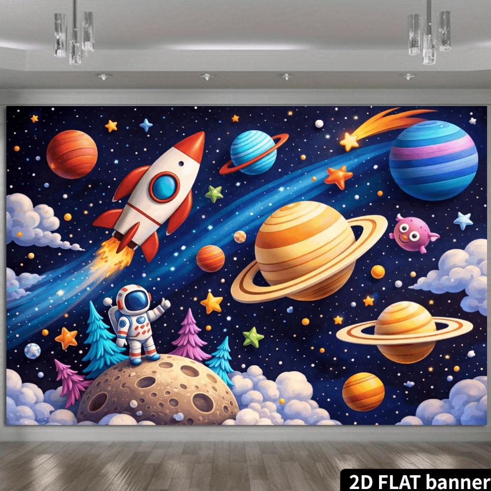 2D-planare Universum-Wunder-Hintergrundstoff - Astronaut steht auf der MondoberflächeDJH