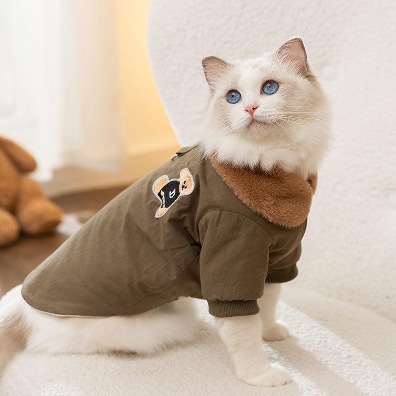 Autumn and winter pet jacket thickened warm cat bear embroidered lapel cotton coat dog can pull cat clothes
