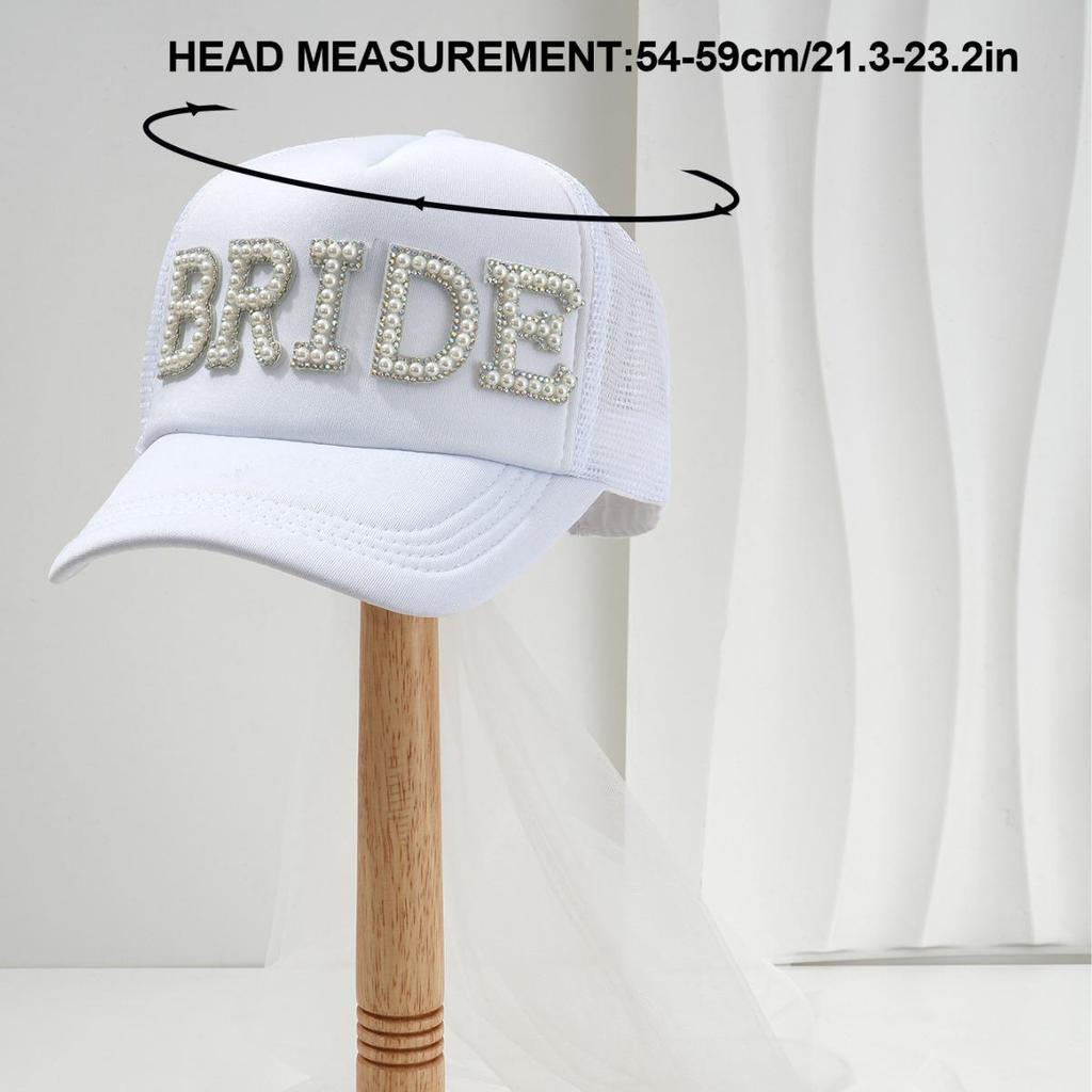 Unisex Casual Hat with Pearl Letters, Mesh & Bridal Veil for a Chic Engagement Party