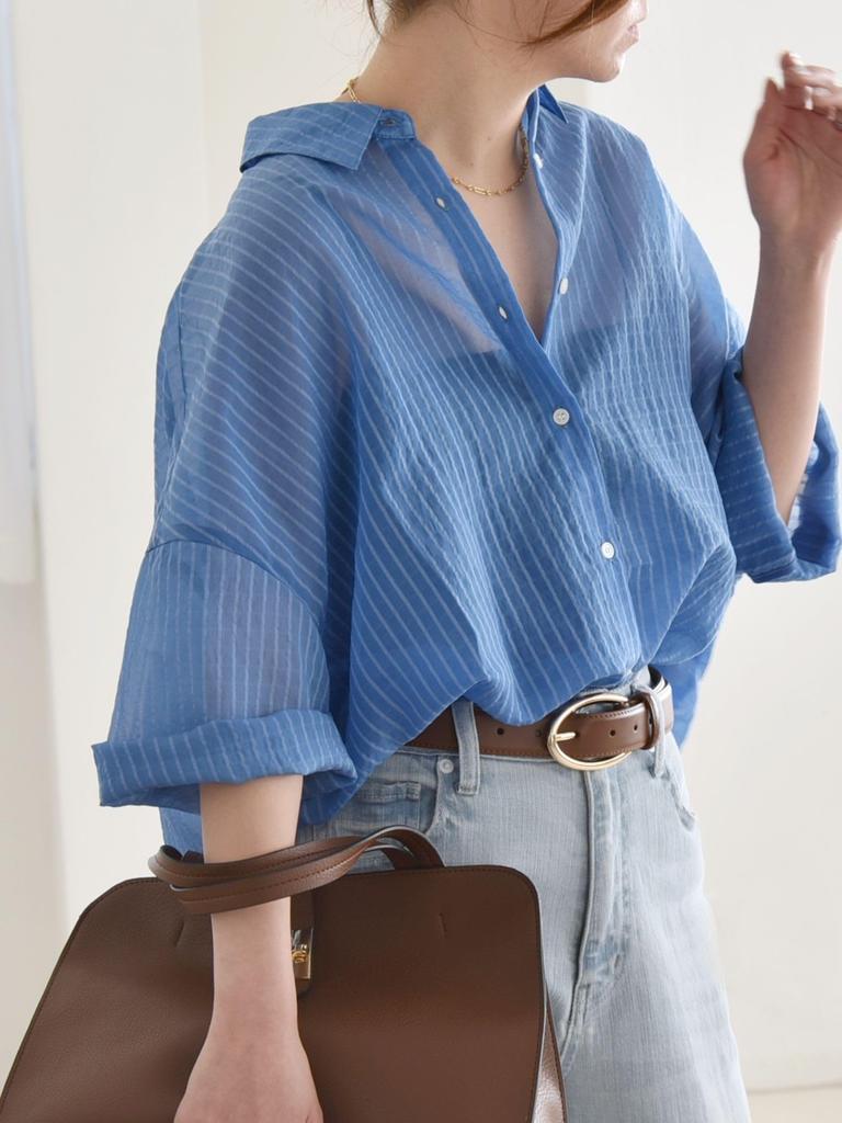 Hand Washable Sheer Striped Border Big Shirt 611110027 Blue One Size [Caranciel]
