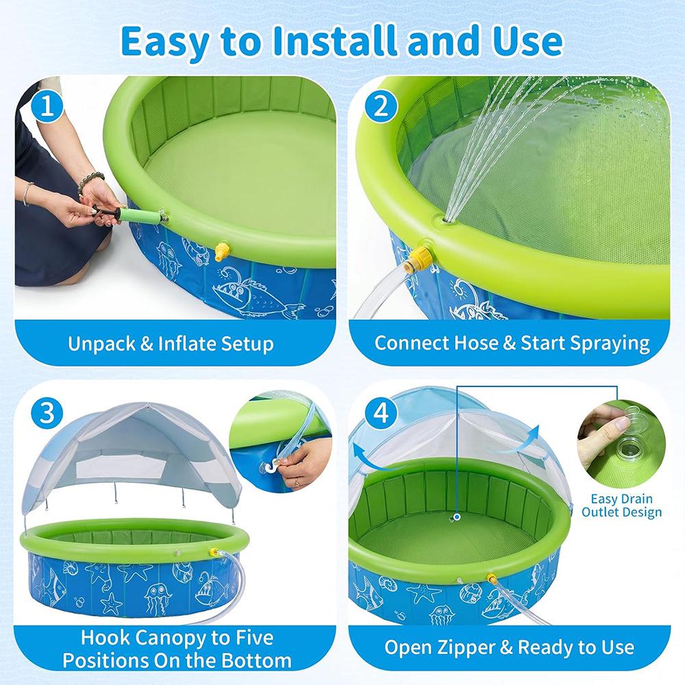 Kids' Foldable UV-Protected Splash Pool with Canopy & Sprinkler