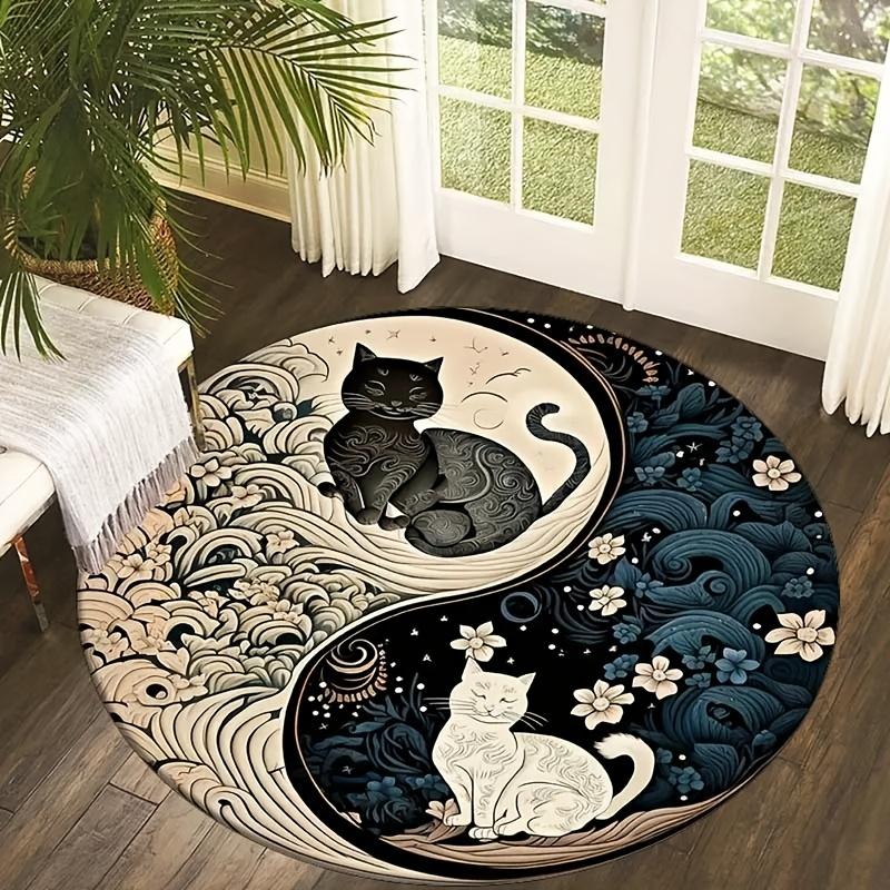 Yin Yang Cat Design Round Area Rug - Soft Crystal Velvet, Machine Washable, Polyester, Indoor Use for Living Room & Bedroom Decor, Holiday Themes