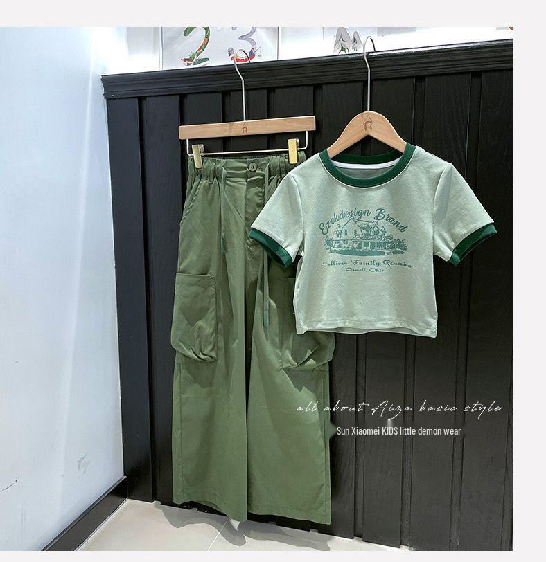 2026 Sommer Koreanischer Stil Sportliche Cargohose & T-Shirt Zweiteiliges Set für Mädchen