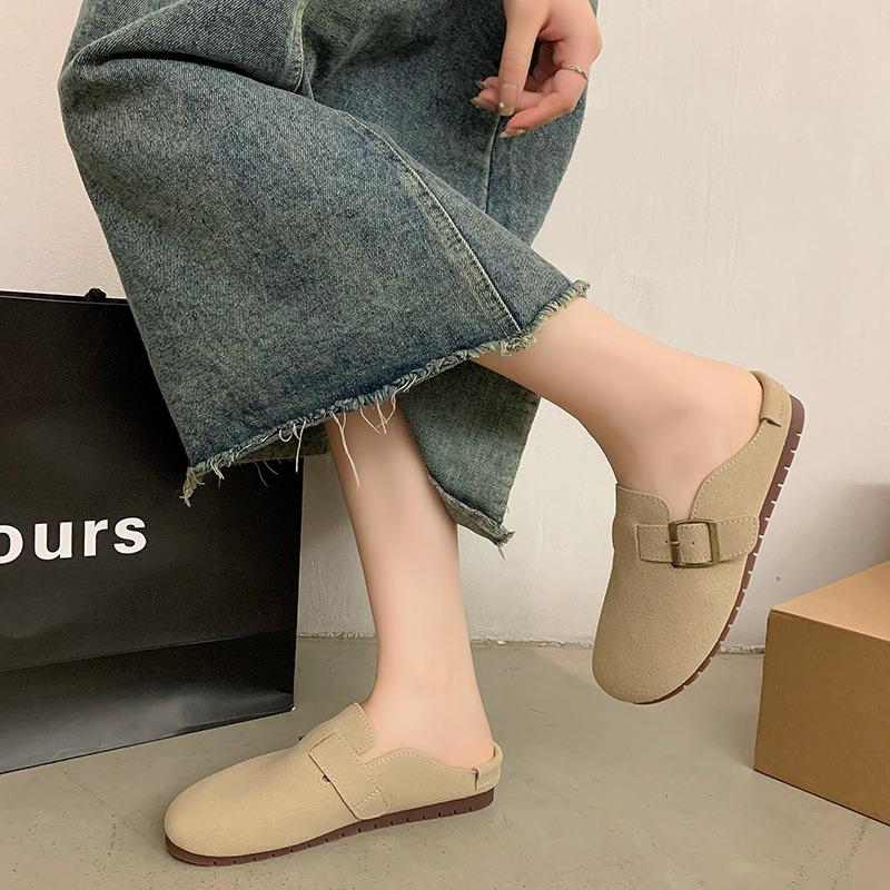 Retro buckle bag head half drag women wear spring new soft bottom lazy soft bottom flat bottom slippers women