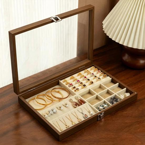 Ring-Aufbewahrungsbox, Langlebiges Holz mit unterteiltem Design, Weiches Samt-Innenfutter, Mehrgitter-Schmuckorganizer, für Ringe Armbänder Ohrringe