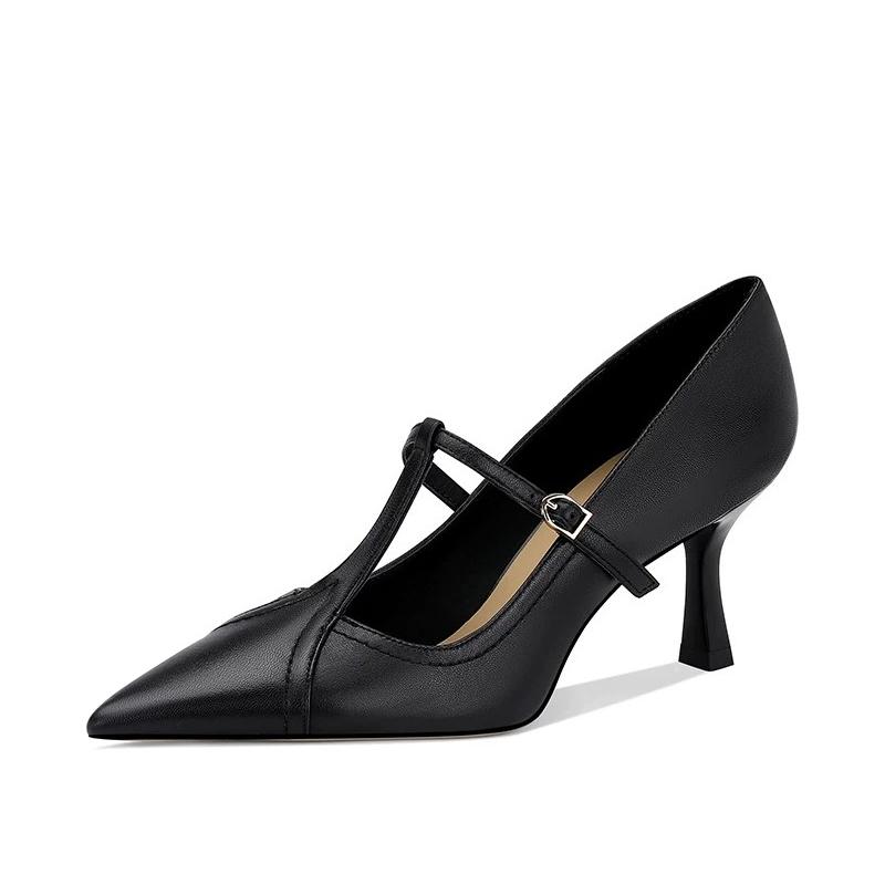 2026 Nouvelles Escarpins de Bureau en Cuir Véritable pour Dames Bout Pointu Bride en T Talons Fins Mary Janes Chaussures en Cuir pour Femmes Robe