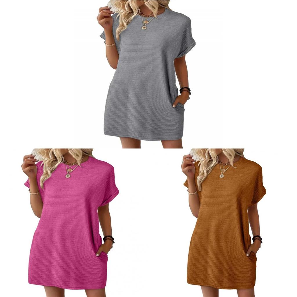 Europe Style Short Sleeve Dress With Pockets And Distressed Effect For Casual Summer Wear