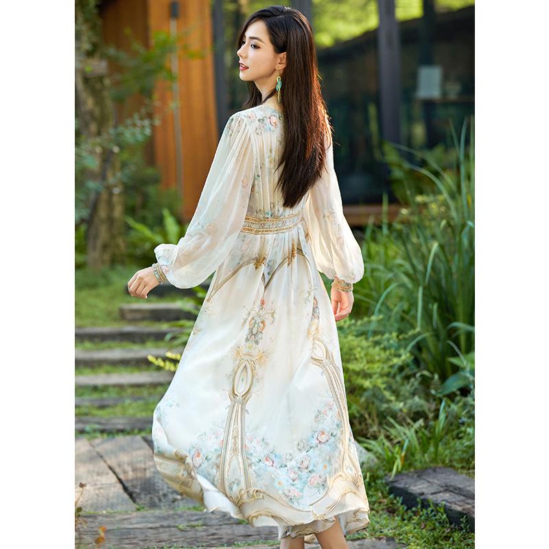 Elegant Spring 2025 Women's Slimming Bubble Sleeve Mulberry Silk Dress