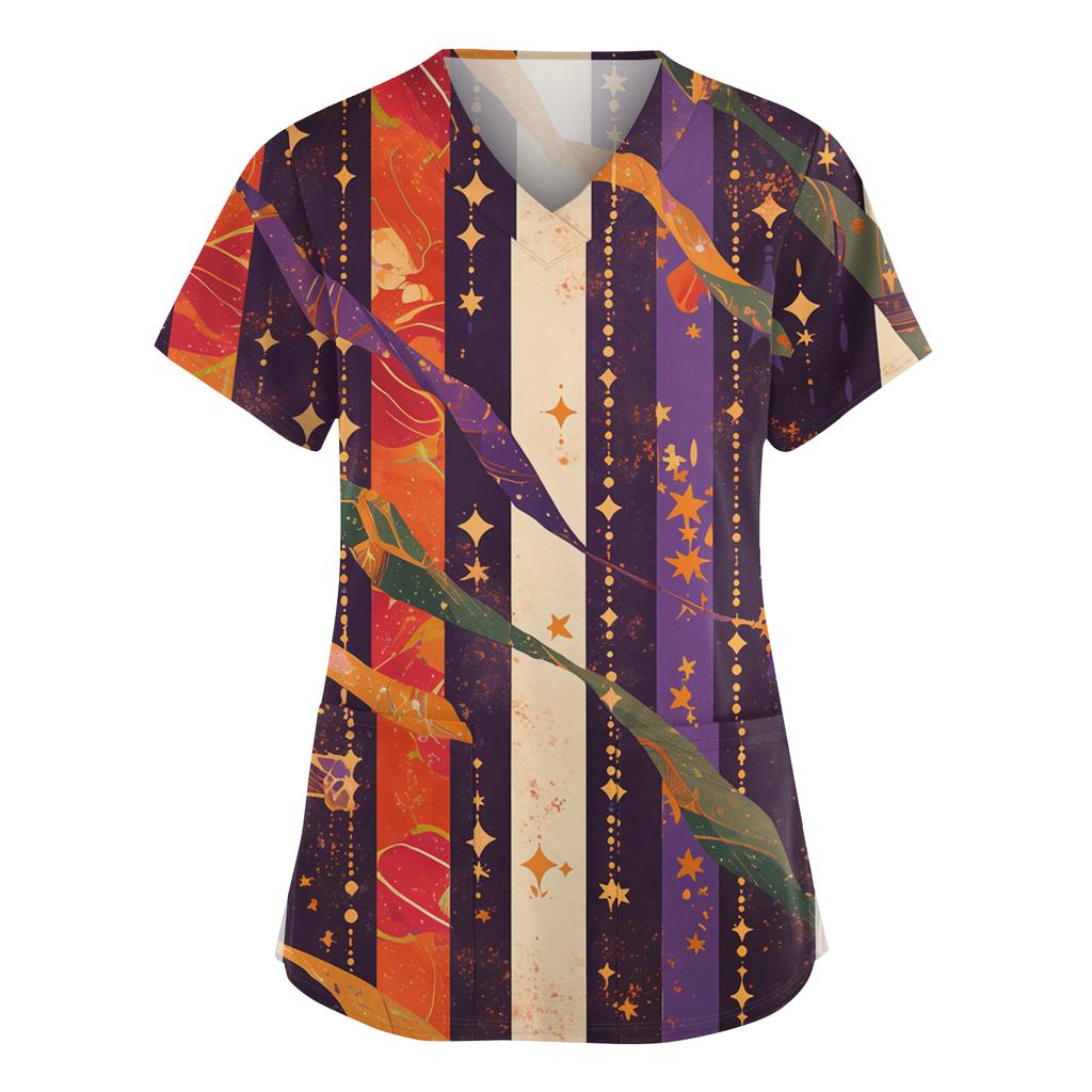 Women's Fashionable V-neck Workwear Printed Short Sleeved Pocket Side Slit Workwear Basic Pullover Top