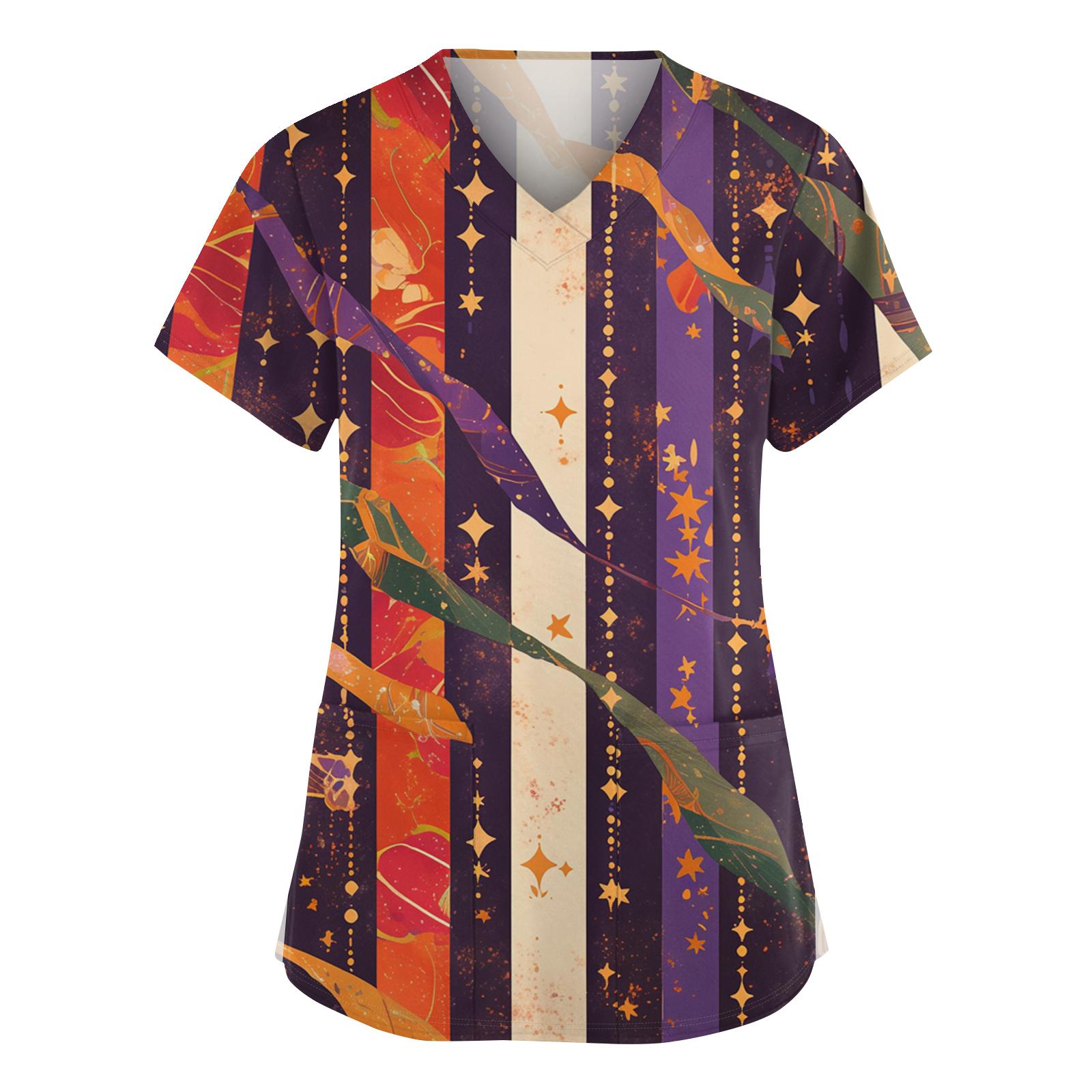 

Women s Fashionable V-neck Workwear Printed Short Sleeved Pocket Side Slit Workwear Basic Pullover Top M помаранчевий