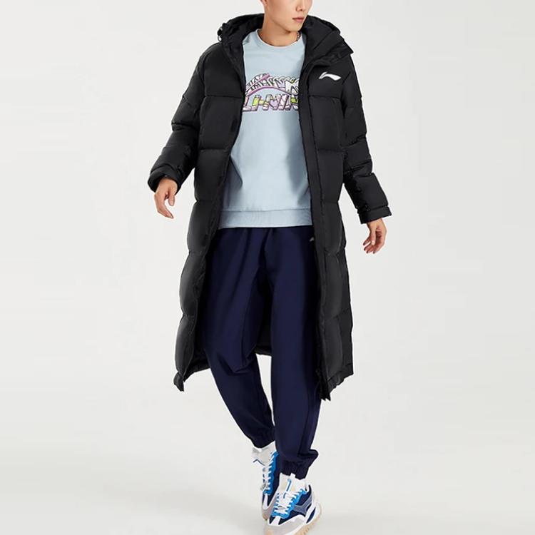 Li Ning Sports Basketball Series Logo Print Mid-Length Loose Hooded Down Jacket Men Outerwear Black AYMR051-1