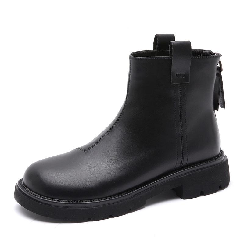 

Leather short boots women s flat heels 2025 new Korean version winter French retro Chelsea boots thick heels and bare boots 35