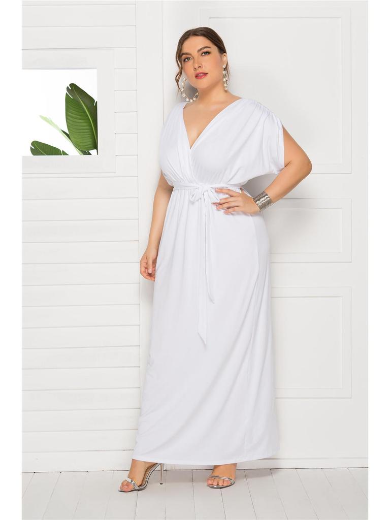 Plus Size Women’s Solid V-Neck Evening Dress, Sexy Loose Fit with Large Hem
