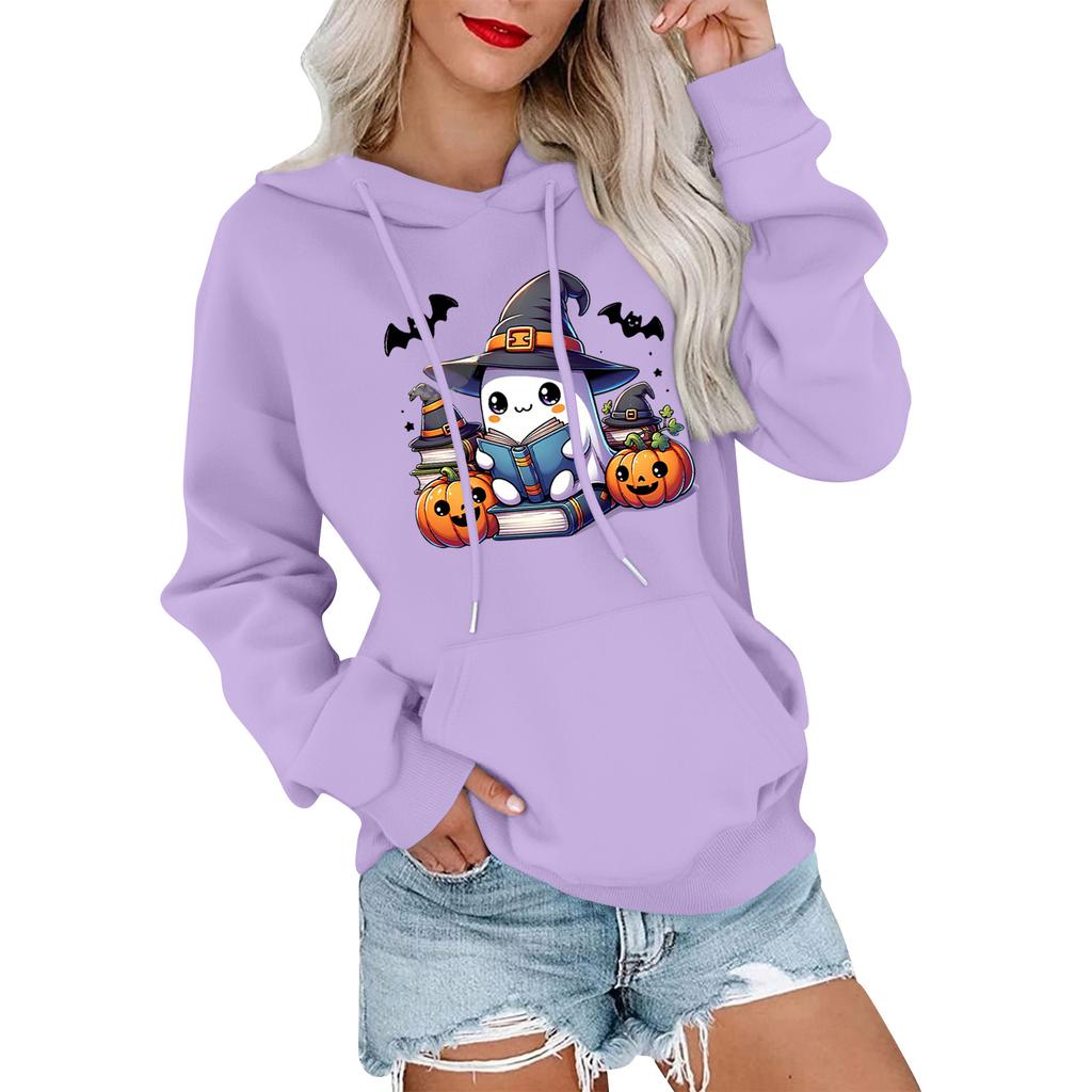 Dámský módní, ležérní, pohodlný svetr s kulatým výstřihem, s kapucí, s dlouhým rukávem, s halloweenským potiskem, hřejivý