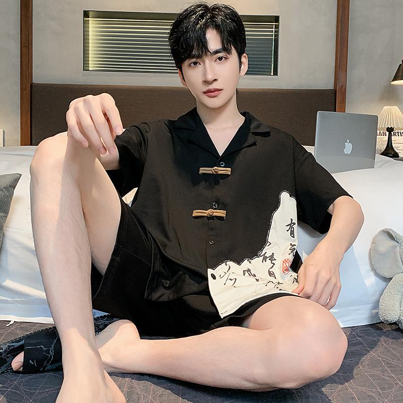 

Мужская пижама из двух частей в китайском стиле ретро, летняя хлопковая пижама с короткими рукавами, шорты, кардиган, домашний костюм L for 50-65kg