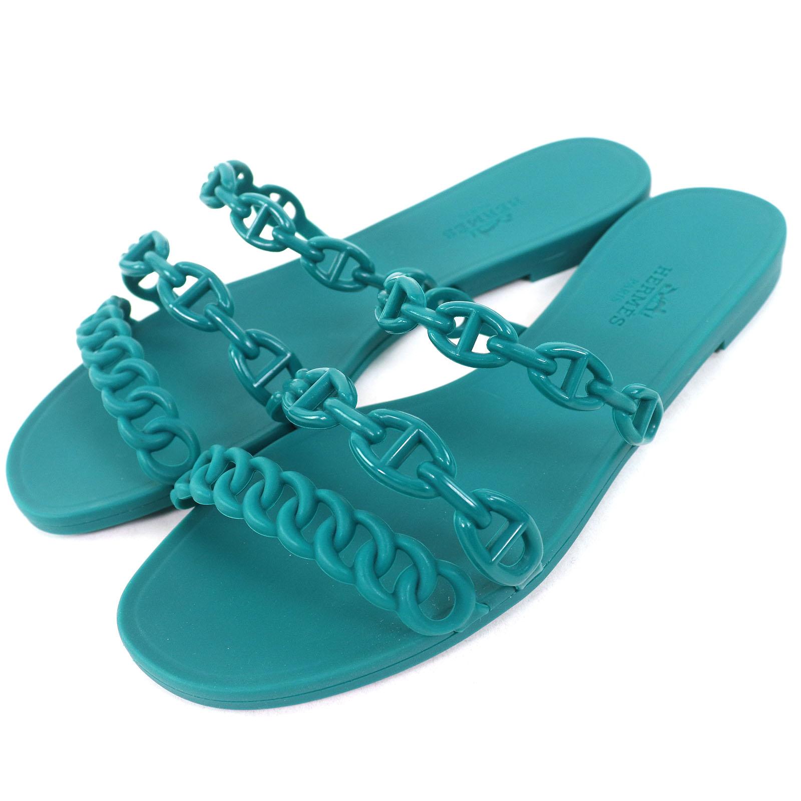 Pristine HERMES Sandals Riverage Shane Dunkle Flat green rubber Women 35 Used