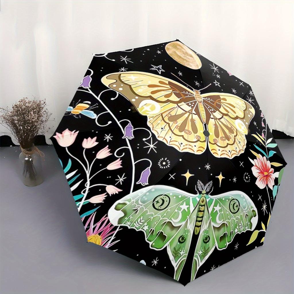 1pc Automatic Folding Umbrella with Moon & Butterflies Design - 8-Rib Portable Umbrella, Durable Iron Frame, Vibrant Starry Ni