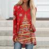 Ladies' Fashionable Casual Christmas Printed T-shirt Long Sleeved V-neck Mid Length Top