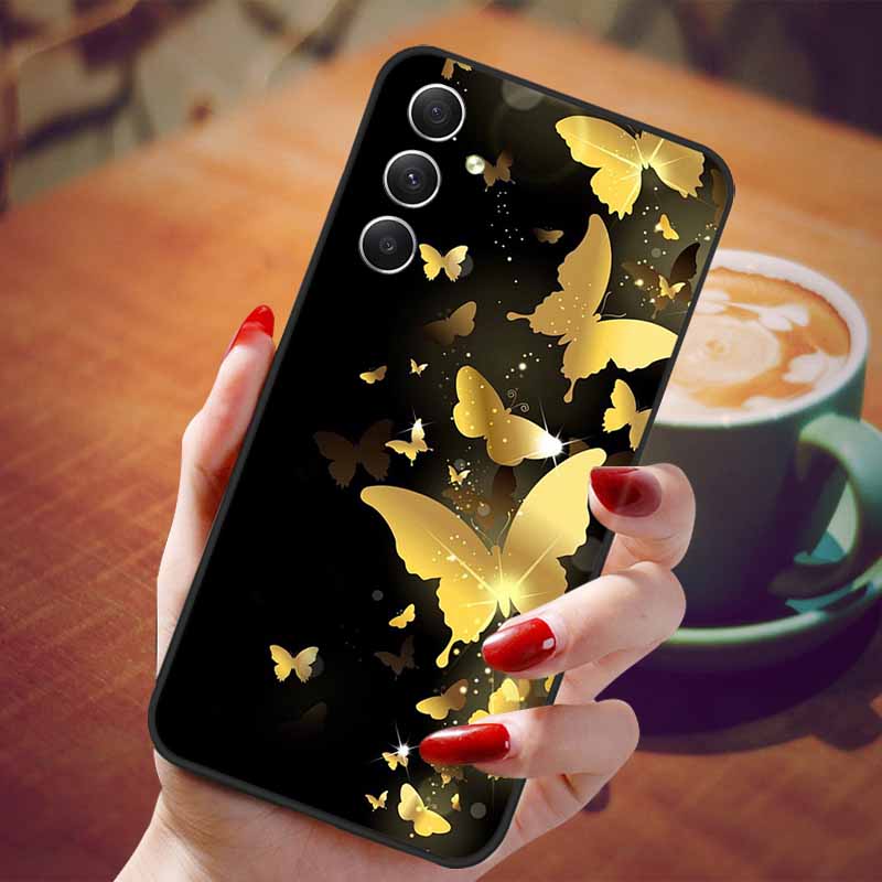 For Samsung Galaxy A55 5G Case Black TPU Silicone Beautiful Pattern Phone Cases for Galaxy A55 Shockproof Soft Cover A 55 6.6''