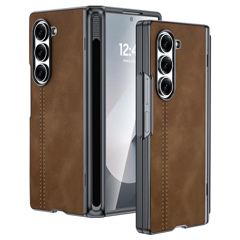 

For Samsung Galaxy Z Fold 6 Phone Case With S Pen Holder, Hinge Protector and Screen Protector PU Leather Matte PC-Pink коричневий