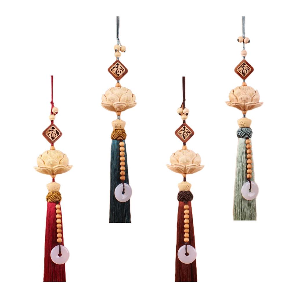 Lotus Car Rearview Mirror Charm Pendant Chinese Feng Shui Decor Wood Carving Tassel Car Hanging Decoration Dangling Ornament