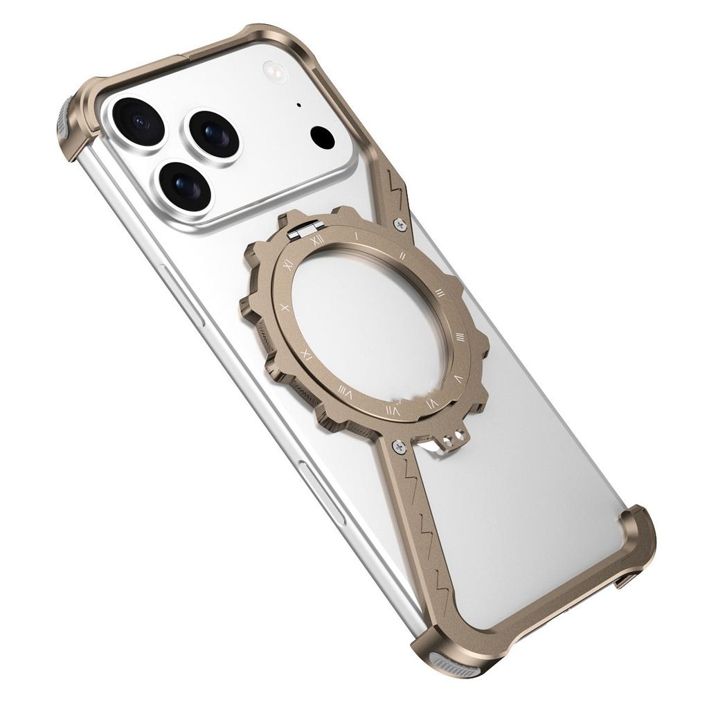 High Quality Aluminum Frameless Phone Case 360 Magnetic Rotation Stand Shockproof Bumper Electroplate for Iphone 17 Pro Orange