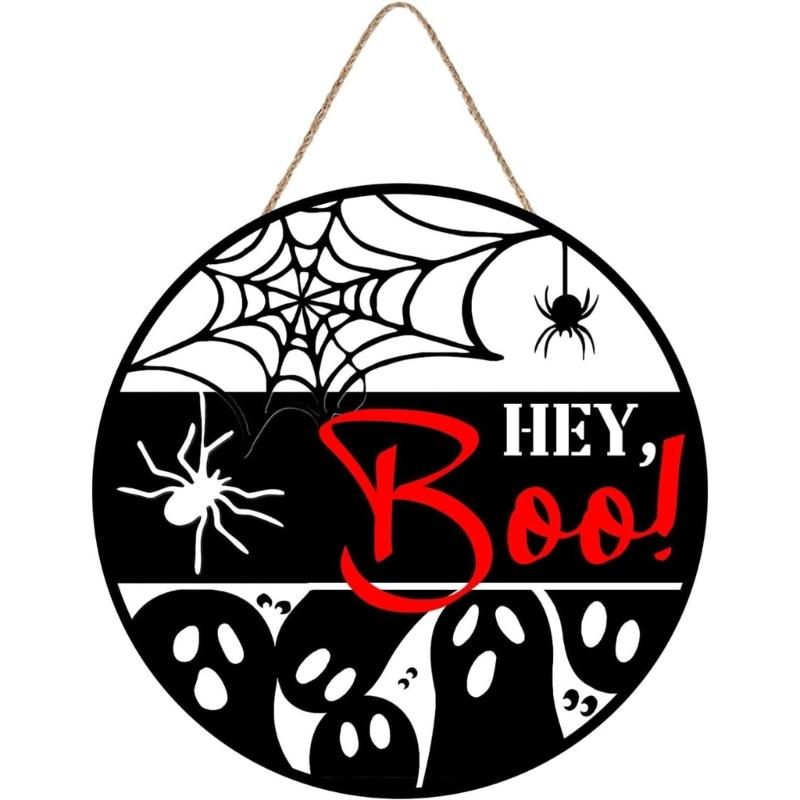 K1AE Halloween Ghostly Door Hanging Sign Decoration Boo Sign Round Sign Farmhouses Front Door Hangers Wreath Home Decors