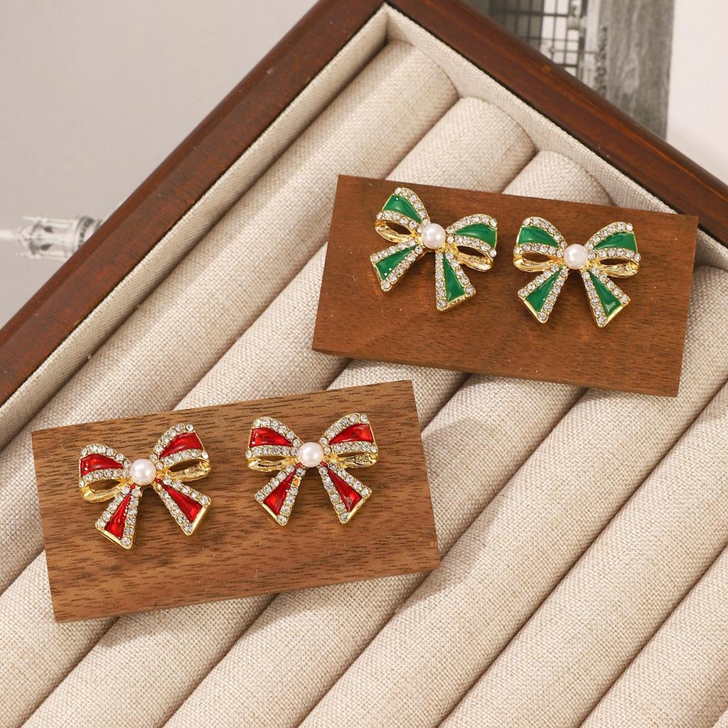 Christmas Bowknot Shaped Studs Earrings Alloy Dripping Oil Ear Rings for Women Girls Elegant Party Wear Ear Accessories