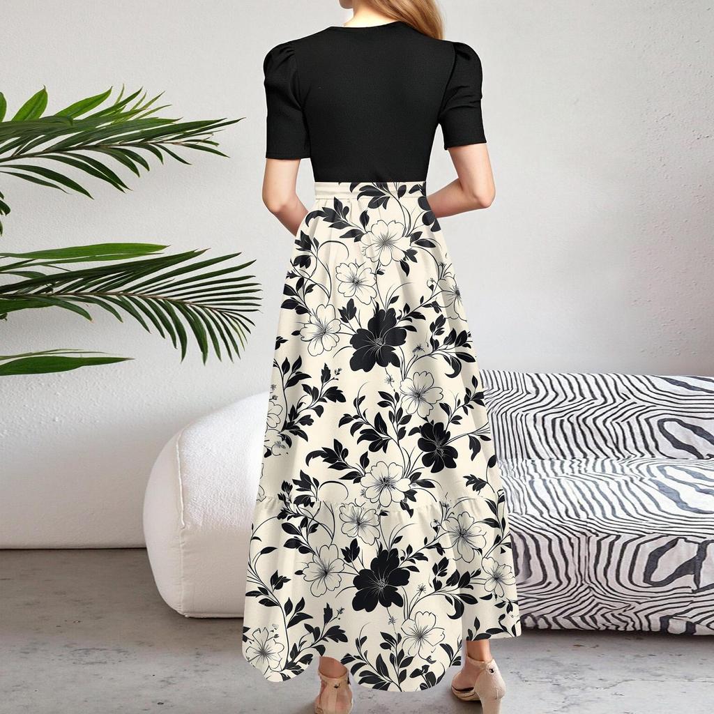 Women's Fashion Casual Belt Short Sleeve Round Neck Print Stitching Elegant Temperament Dress