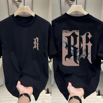 T-shirt casual de verão para homem com estampa da letra R dupla, 100% algodão puro, top de manga curta confortável e respirável