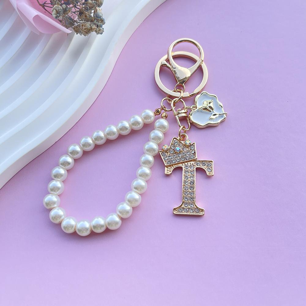 Boutique Crown A-Z 26 Initial Letters Rose Keyring Crystal Faux Pearl Resin Beaded Keychain Bag Pendant Women Girl Gifts Jewelry