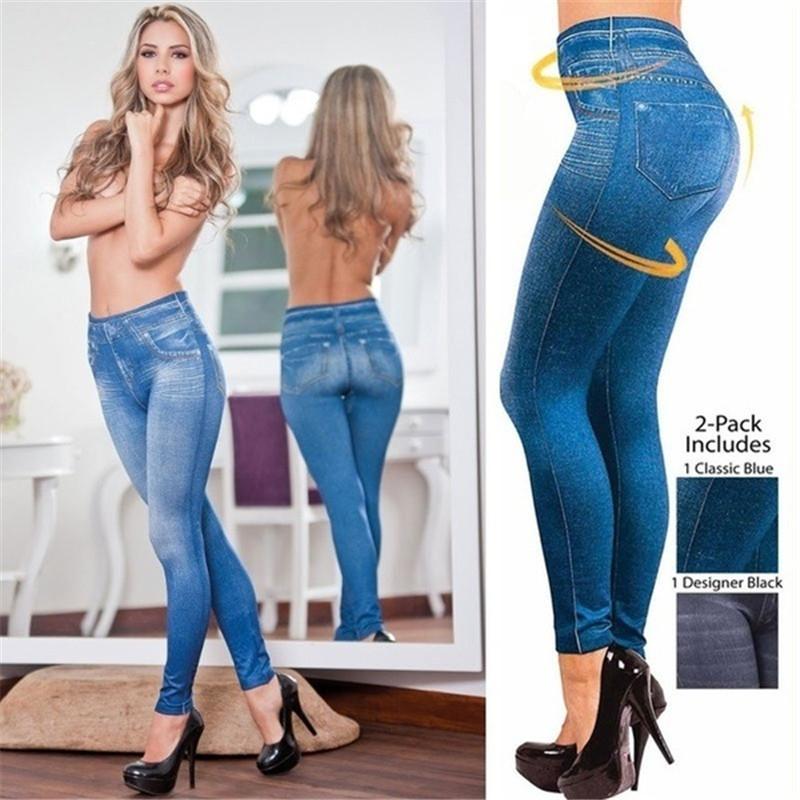 Shop Fake Pockets Drawstring Faux Denim Bottom Seamless Yoga Pants
