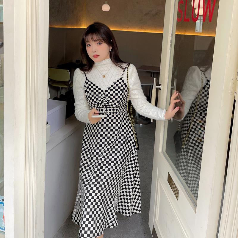 

Женское платье из двух частей с кружевным топом и клетчатой юбкой на подтяжках больших размеров (К1765) 1XL