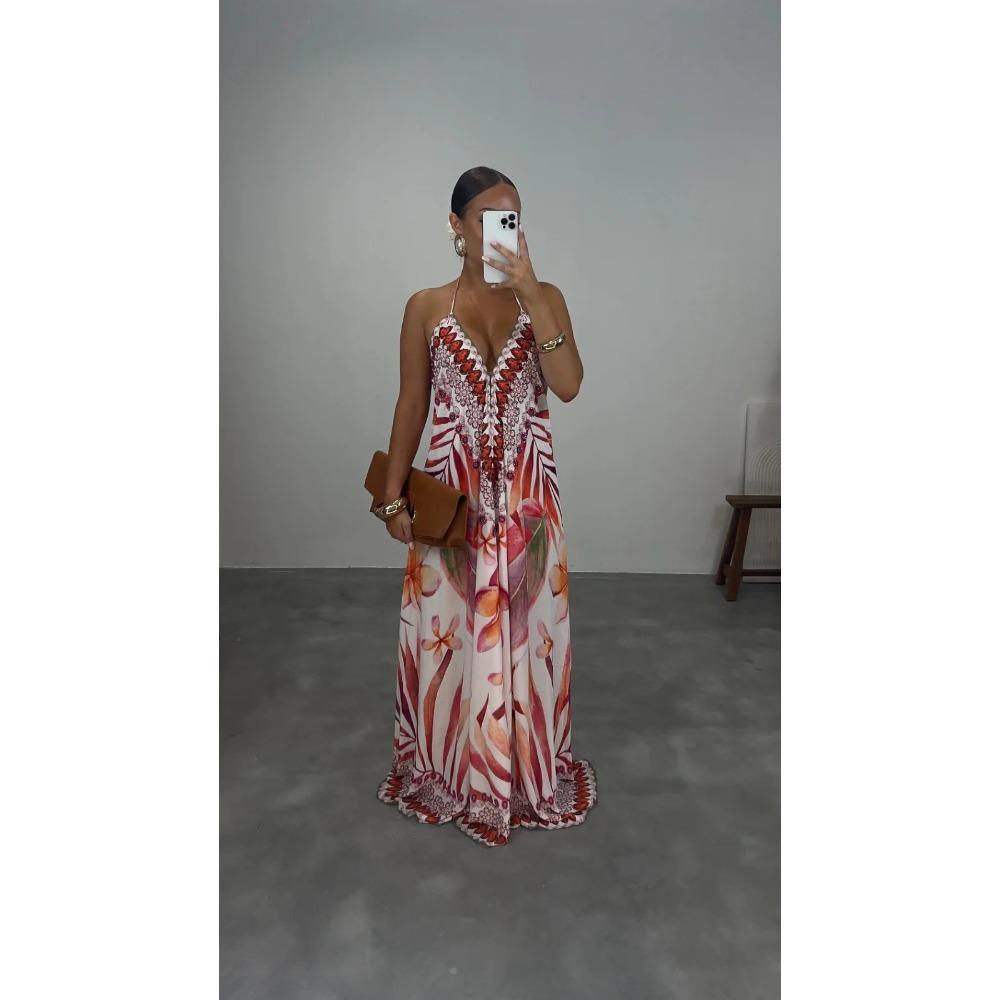 Women's Halter Neck Sleeveless Printed Maxi Dress Loose Fit Mid Waist Bohemian Dress