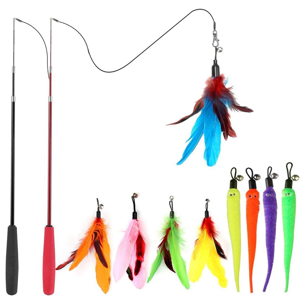 

10Pcs/Set Pet Cat Toy Colorful Feather Fishing Rod Caterpillar Bell Replaceable Head Cat Teaser Wand A