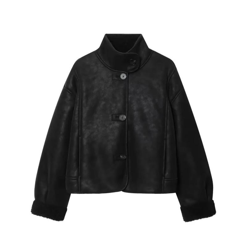 Womens Winter Casual Loose Fit Stand Collar Reversible Jacket Warm Outerwear
