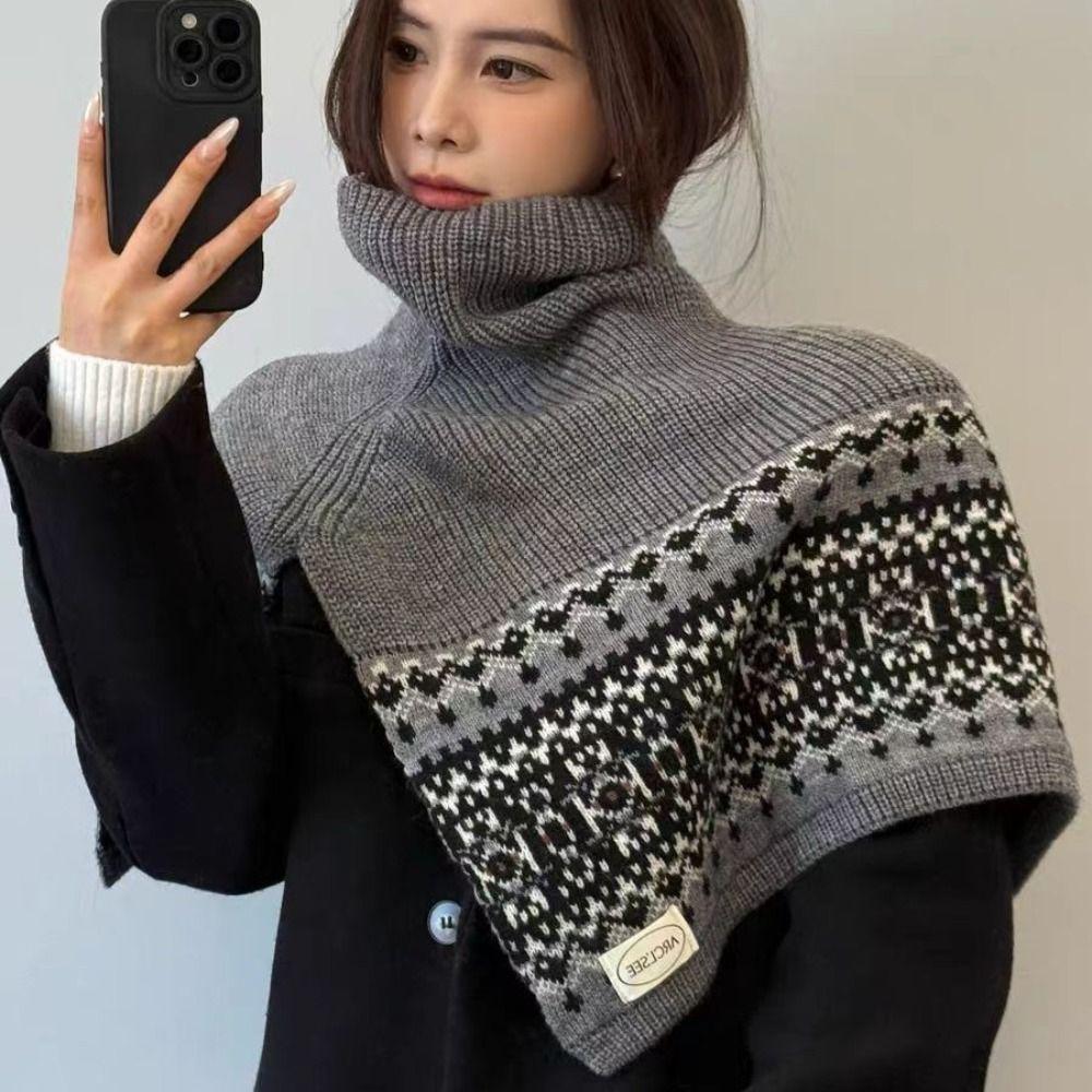 Pullover Fair Isle Style Knitted Shawl Thicken Neck Wraps Simple Jacquard Scarf  Women