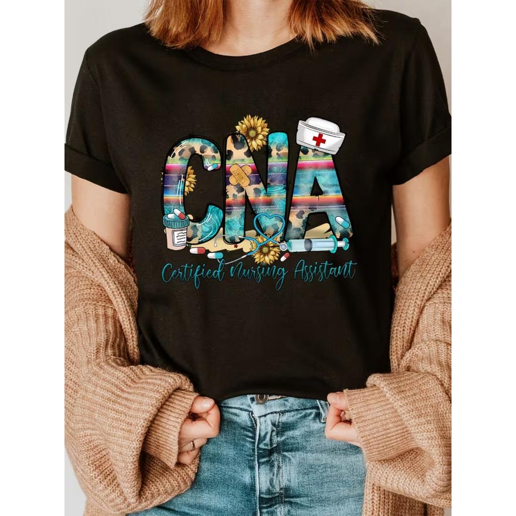 CNA Nurse Print Crew Neck T-shirt, Short Sleeve Casual Top for Summer & Spring, Women's Clothing