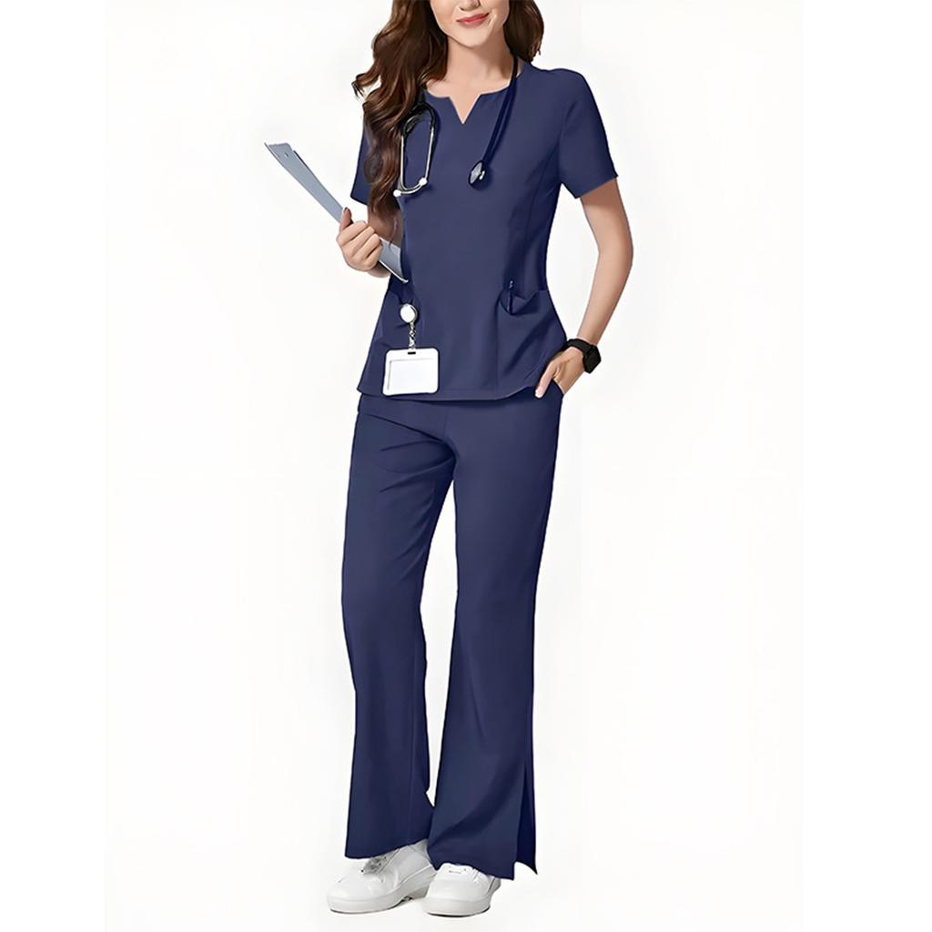 Ladies' Loose And Comfortable V,neck Short Sleeved Workwear With Multiple Pockets Suit Set