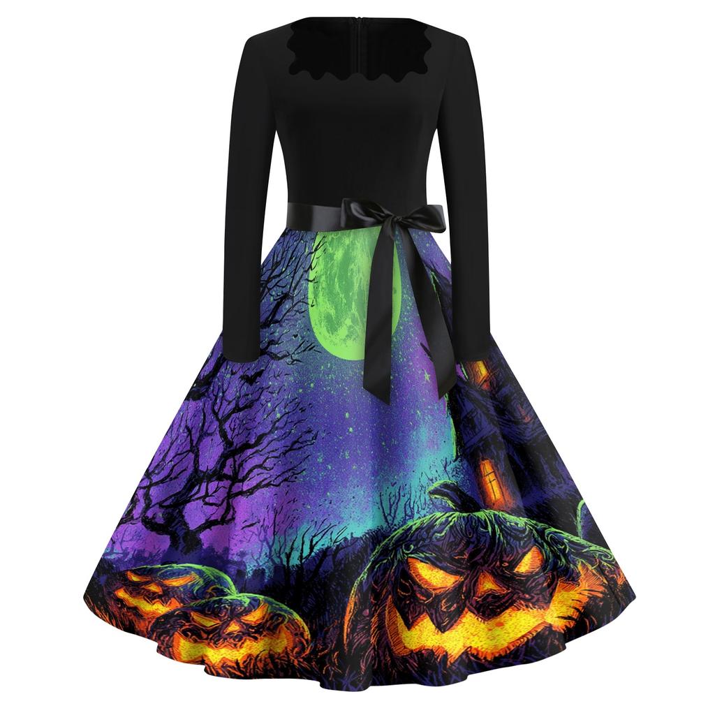 Women's Square Neck Retro Dress with Halloween Print for Casual Parties and Festive Occasions