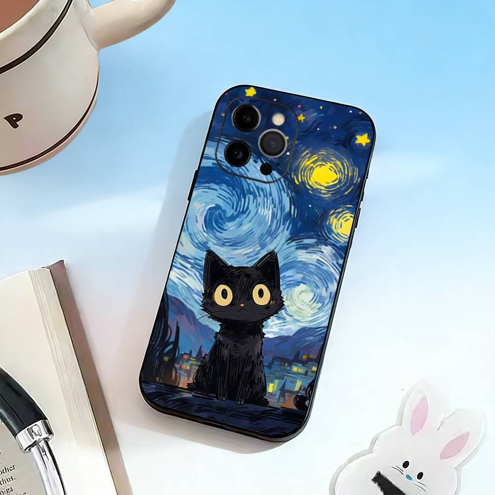 Van Gogh Chibi Cat  Phone Case Silicone Soft For IPhone 17 16 15 14 13 12 11 X XR Plus Pro Max Plus