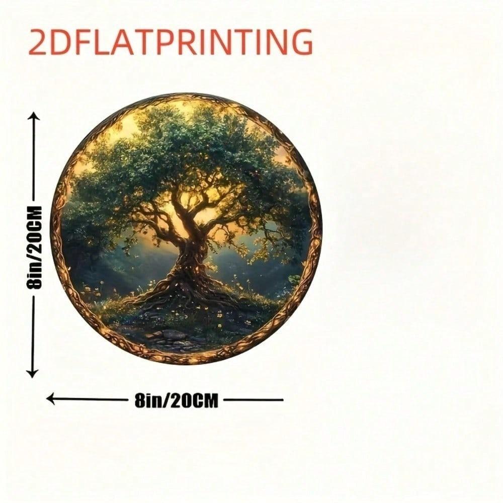 Vintage Tree of Life Wall Art Round 8x8 Inch Mandala Wood Decor Golden Leaves Sunlit Forest Handmade Bohemian Hanging