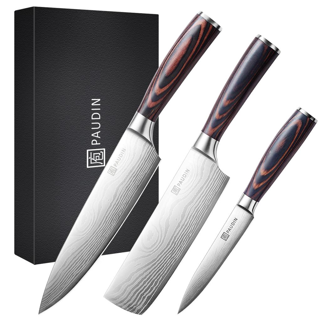 Knife Set PAUDIN Nakiri Petty Made of High Carbon Stainless Long Wooden Meat Fish Nakiri Day Gift [Beef Knife, Knife, Knife] 3-piece Set, Double-edged