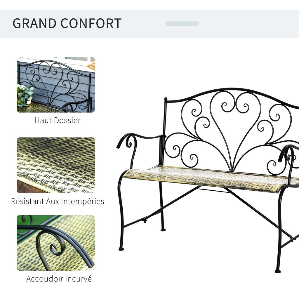 Panca da Giardino a 2 Posti Stile Neo-Retro Ferro Battuto Linee Coniche Metallo Nero Oro Effetto Invecchiato