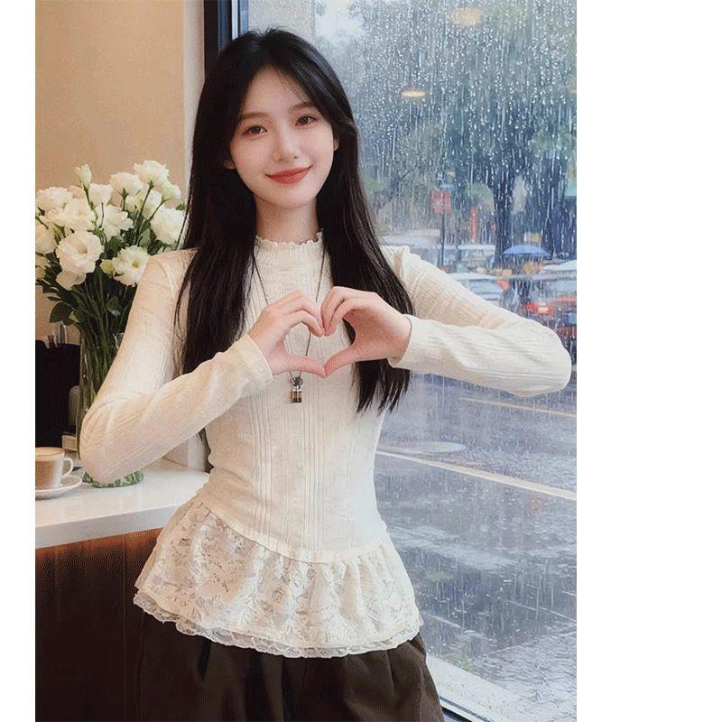 

Women s Lace Hem Half-High Collar Slim-Fit Long-Sleeve Top, Perfect for Spring and Autumn, Stylish Skirt-Like Design. S белый