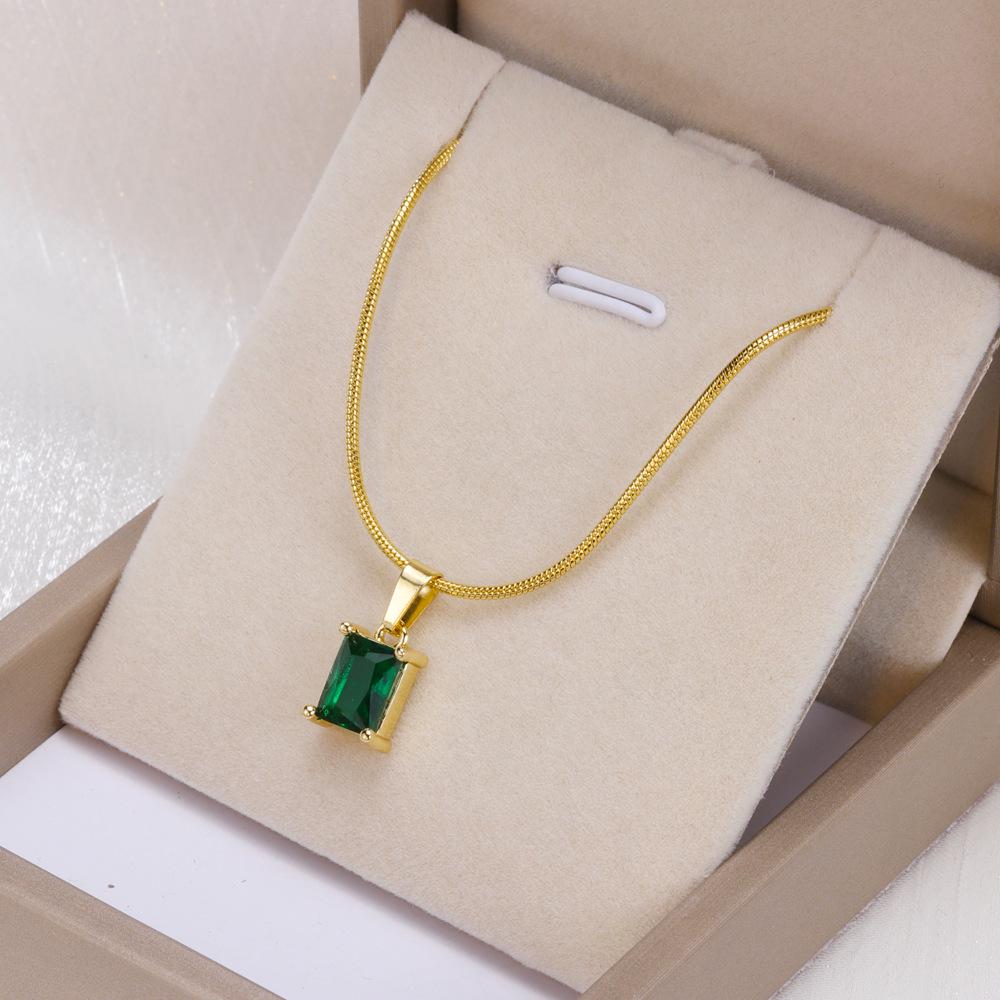 Emerald Necklace & Bracelet Set: Square Diamond, Stainless Steel with Round Snake Chain, Free Shipping