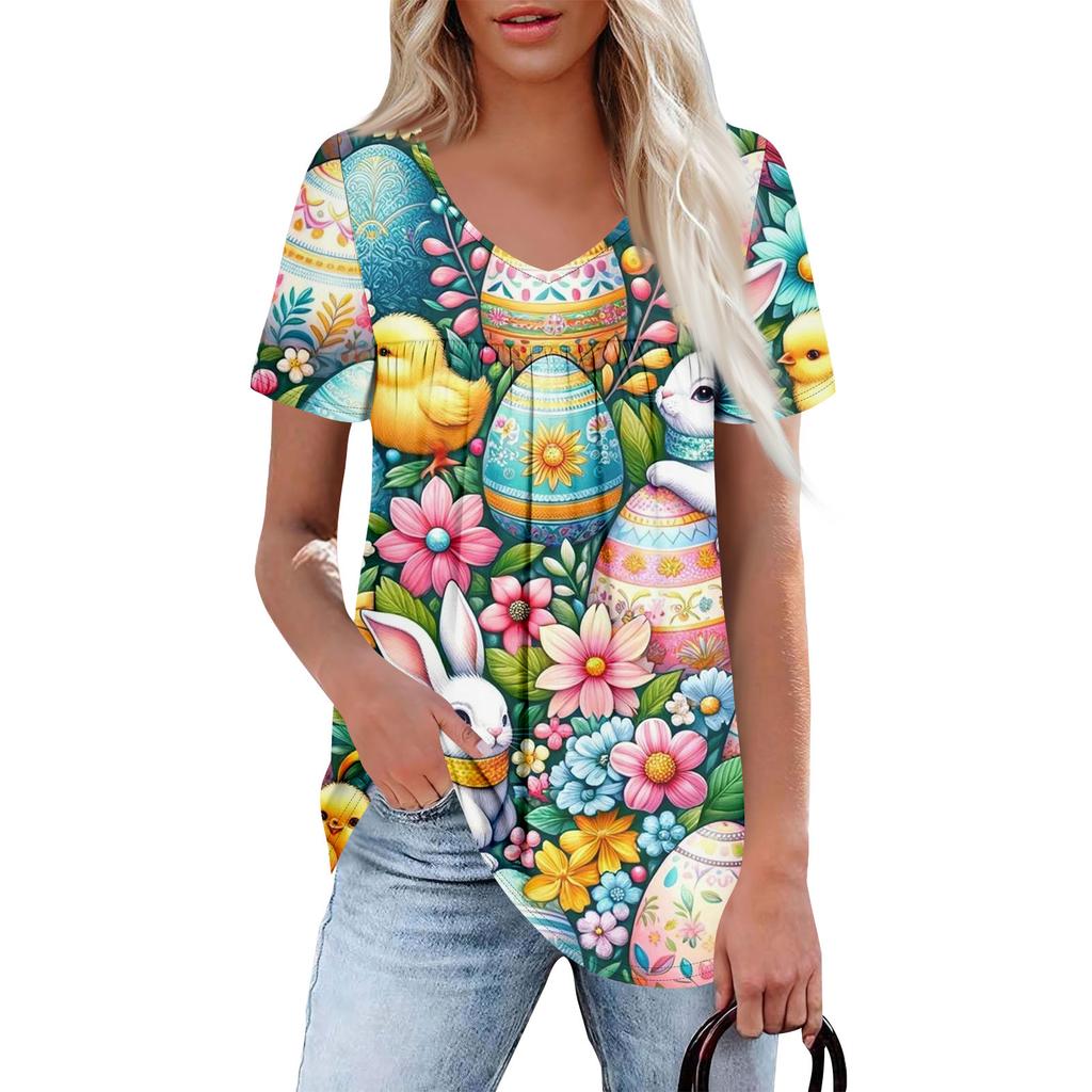 Ladies' Casual V-neck Short Sleeved Shirt With Pleated Easter Print On The Chest